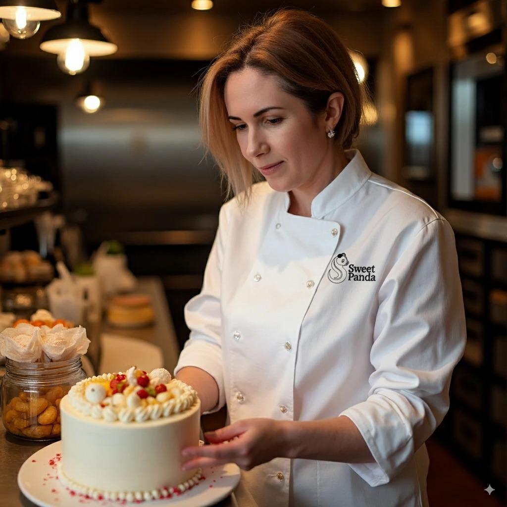 A baker in whites finishing a cream cake topped with berries